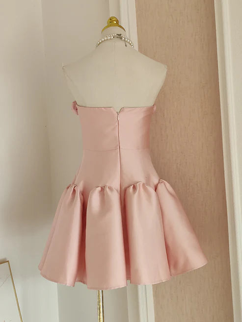 Retro Pink 3D Flowers Design A-line Strapless Satin Mini Party Dress Homecoming Dress DP6034