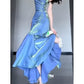 Vintage Blue Spaghetti Strap Ruffle Design Elegant A-line Satin Evening Dress Prom Dress DP6127