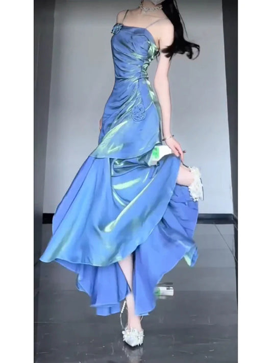Vintage Blue Spaghetti Strap Ruffle Design Elegant A-line Satin Evening Dress Prom Dress DP6127