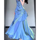 Vintage Blue Spaghetti Strap Ruffle Design Elegant A-line Satin Evening Dress Prom Dress DP6127