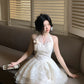 Vintage Ivory Lace A-Line Homecoming Dress Sequin Party Dress Short Halter-neck Cocktail Dress, DP6598