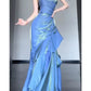 Vintage Blue Spaghetti Strap Ruffle Design Elegant A-line Satin Evening Dress Prom Dress DP6127