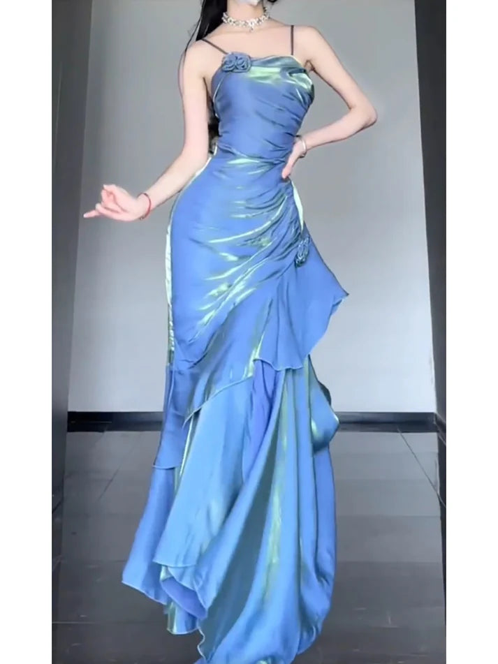 Vintage Blue Spaghetti Strap Ruffle Design Elegant A-line Satin Evening Dress Prom Dress DP6127