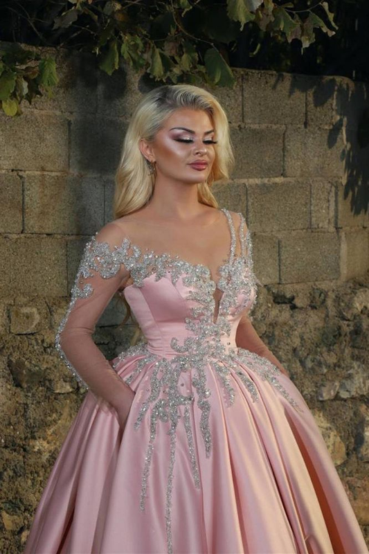 Gorgeous Princess V-neck Long Sleevess Prom Dresses With Beads Pink Ball Gowns,DP0145