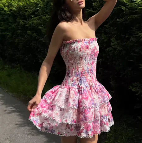 Süßes trägerloses A-Linien-Partykleid mit Blumenmuster und Homecoming-Kleid DP6104