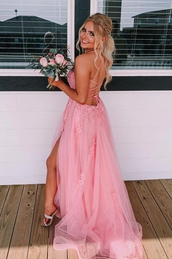 Long Pink Lace and Tulle Prom Dress Backless Formal Evening Dress,DP0140