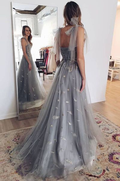 Charming Grey Tulle Appliques Long Prom Dress Formal Dress With Lace Up,DP0160