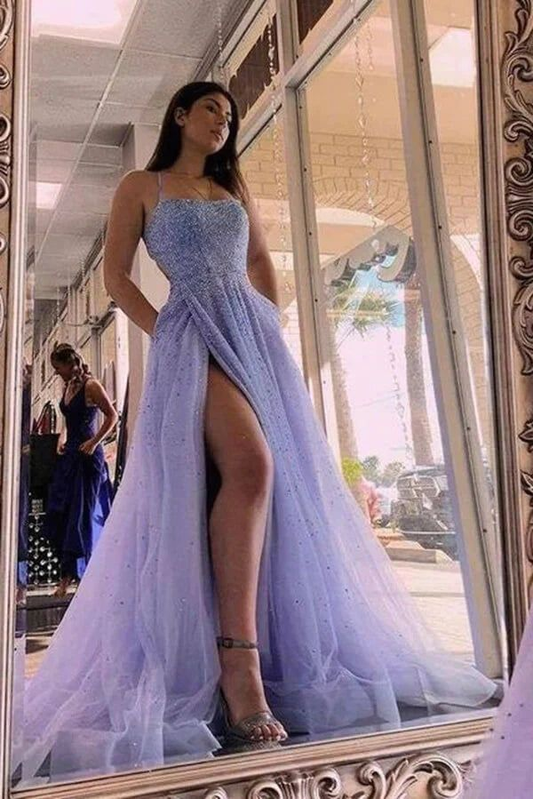 Beaded Long Tulle Formal Evening Dresses With Slit A Line Prom Dresses,DP095