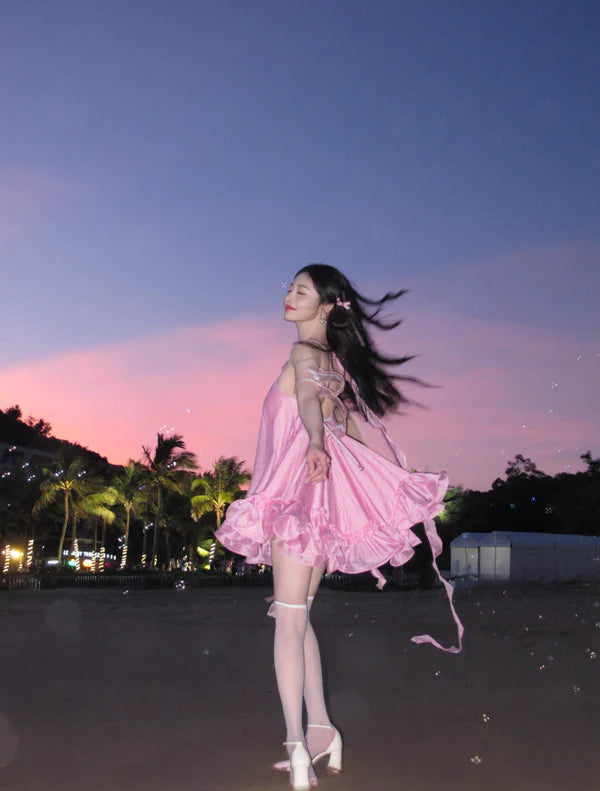 Cute Pink Ruffle Short A-Line Satin Party Dress Cocktail Dress Homecoming Dress DP6495