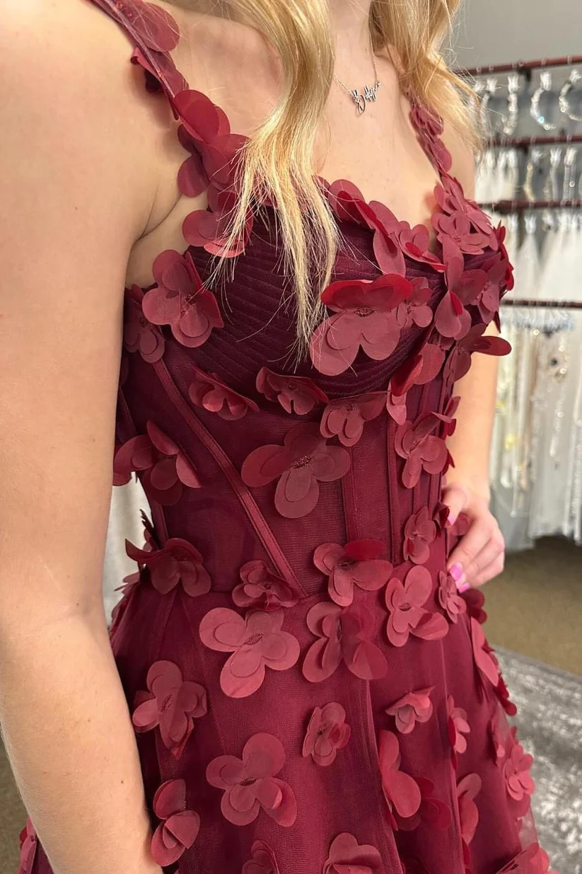 Burgundy 3D Flowers A-line Long Prom Dress Formal Gown, DP2013 – DSProm