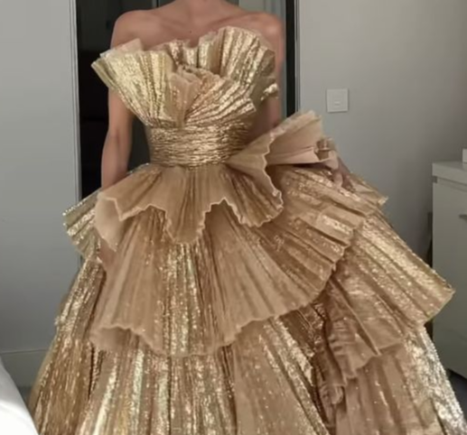 Stylish Golden Tiered Ball Gown Long Evening Party Dress,DP303