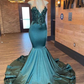 Green Halter Long Mermaid Appliques Black Girl Prom Dress, DP2313