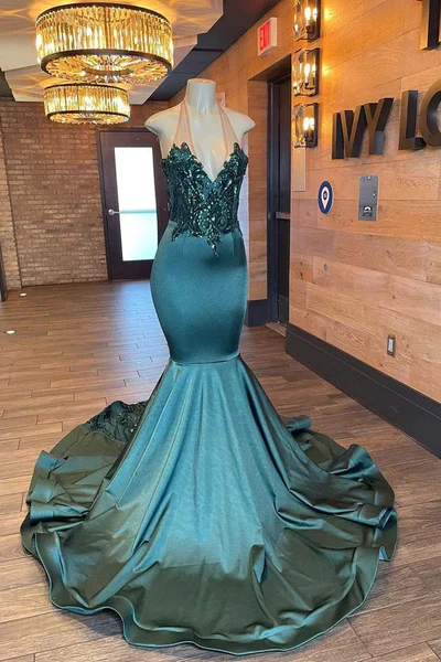 Green Halter Long Mermaid Appliques Black Girl Prom Dress, DP2313