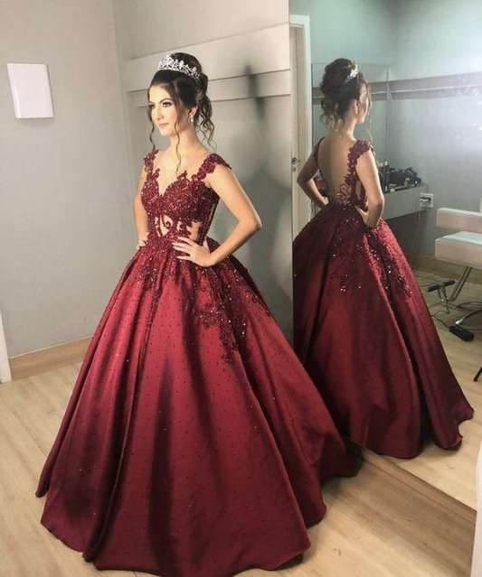 Burgundy A-Line Backless Ball Gown Quinceanera Dress Prom Dress,DP0204