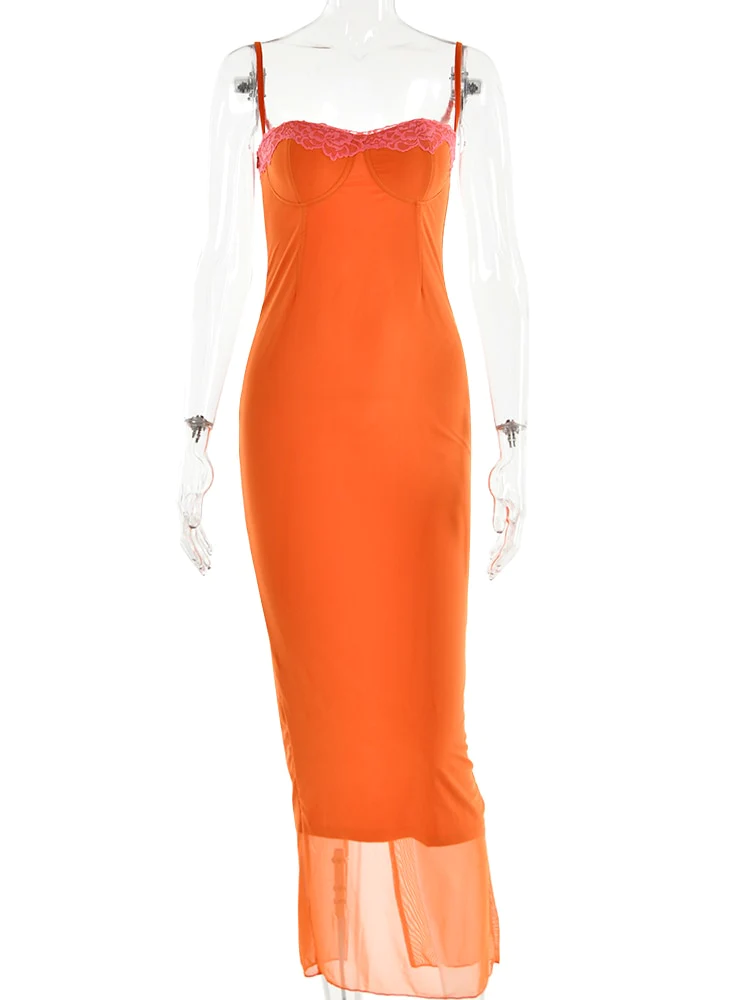 Sexy Orange Spaghetti Straps Lace Mermaid Long Party Dress, DP2200