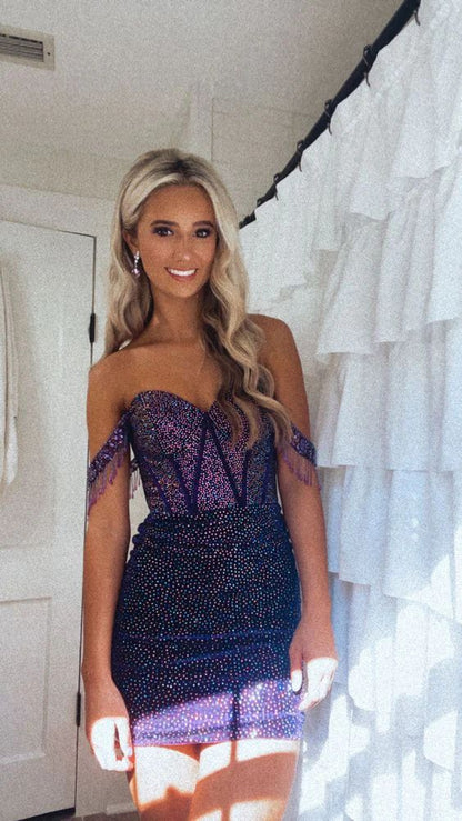Vintage Purple Beaded Sweetheart Off-the-shoulder Sheath Homecoming Dress Party Dress Cocktail Dress DP6714