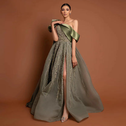 Wunderschönes, funkelndes, perlenbesetztes grünes One-Shoulder-A-Linien-Abendkleid mit hohem Schlitz, langes Ballkleid, DP6543