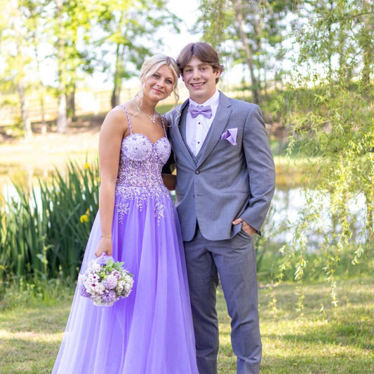 Robe de bal vintage lilas à paillettes et appliques, coupe trapèze, décolleté en cœur, longue robe de soirée formelle DP6635