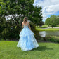 Robe de bal vintage en tulle bleu à bretelles spaghetti, robe de soirée longue trapèze, DP6641