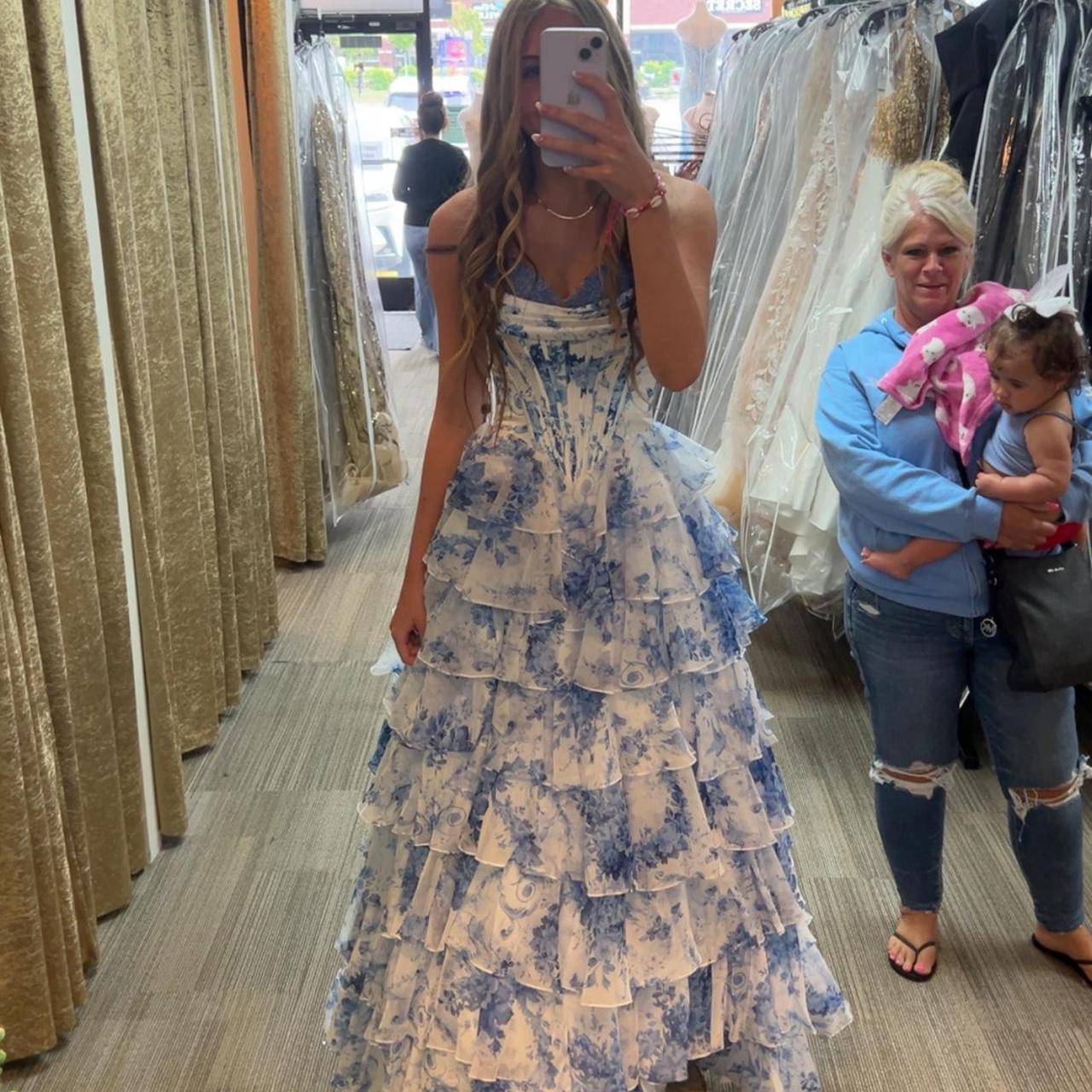Vintage Blue Floral Prom Dress A-Line Tiered Evening Dress Long Formal Dress DP6638