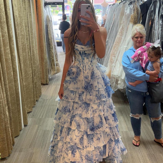 Robe de bal vintage bleue à fleurs, coupe trapèze, robe de soirée longue à volants, DP6638