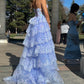 Robe de bal trapèze vintage à paillettes brillantes, bretelles spaghetti, robe de soirée longue à volants, DP6647