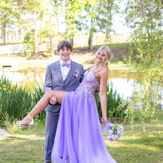 Robe de bal vintage lilas à paillettes et appliques, coupe trapèze, décolleté en cœur, longue robe de soirée formelle DP6635