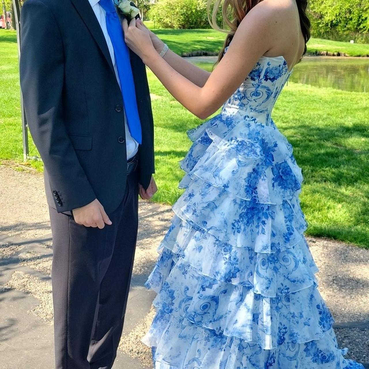 Vintage Blue Floral Prom Dress A-Line Tiered Evening Dress Long Formal Dress DP6638