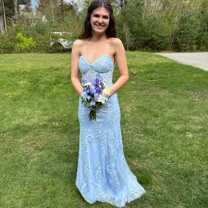 Robe de bal vintage bleue à décolleté en cœur, sans bretelles, avec appliques, robe de soirée longue fourreau, robe formelle DP6639