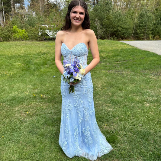 Robe de bal vintage bleue à décolleté en cœur, sans bretelles, avec appliques, robe de soirée longue fourreau, robe formelle DP6639