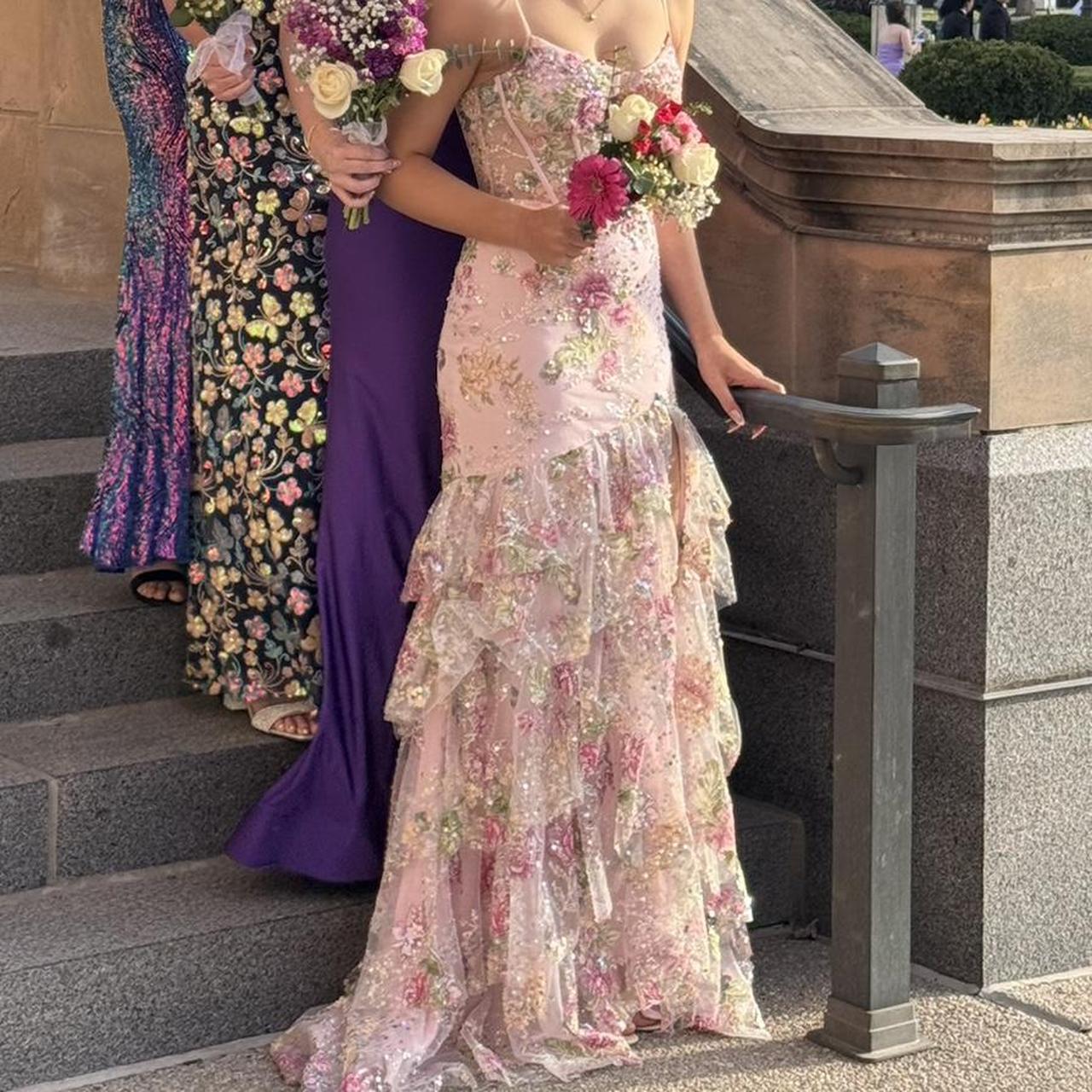 Vintage Pink Floral Sequin Prom Dress Spaghetti Strap Evening Dress Long Sheath Formal Dress DP6642