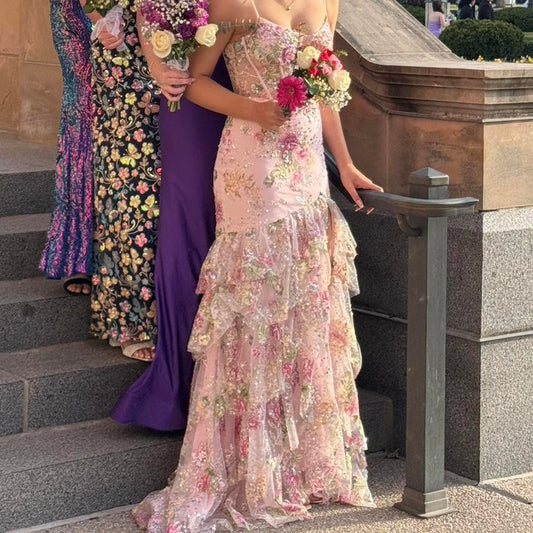Vintage Rosa Blumen Pailletten Ballkleid Spaghettiträger Abendkleid Langes Etuikleid Formales Kleid DP6642