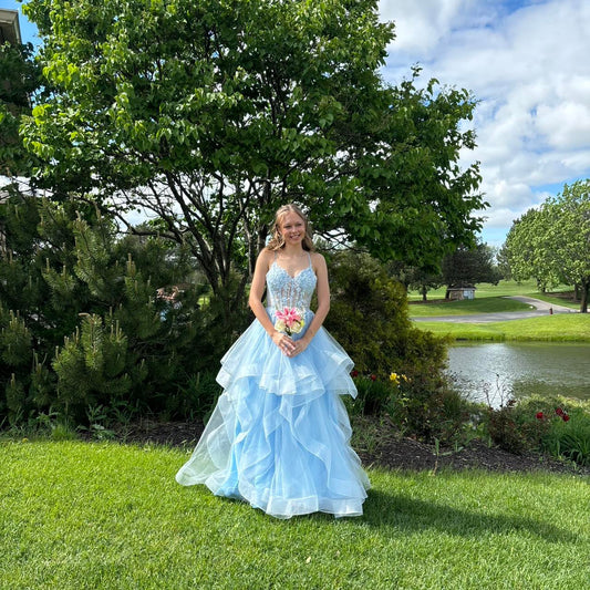 Robe de bal vintage en tulle bleu à bretelles spaghetti, robe de soirée longue trapèze, DP6641