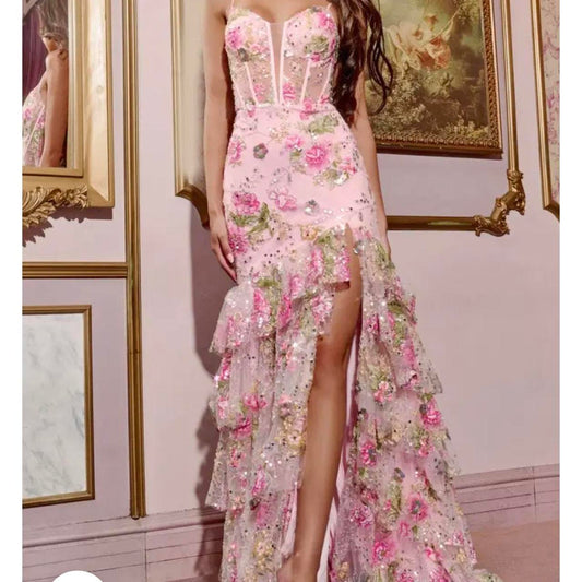 Vintage Rosa Blumen Pailletten Ballkleid Spaghettiträger Abendkleid Langes Etuikleid Formales Kleid DP6642