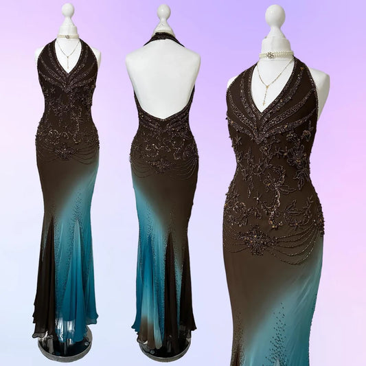 Retro Gradient Wunderschönes Exquisites Neckholderkleid mit Perlen Langes Chiffon-Abendkleid Ballkleid DP6086