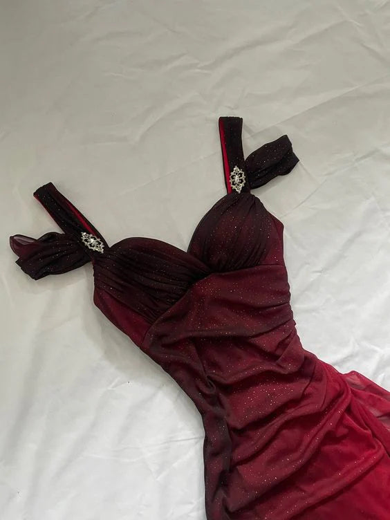 Vintage Shiny Burgundy Sheath Chiffon Shoulder Strap Design Long Prom Dress Evening Dress, DP6305