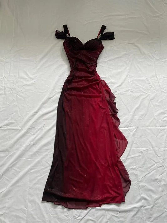 Vintage Shiny Burgundy Sheath Chiffon Shoulder Strap Design Long Prom Dress Evening Dress, DP6305