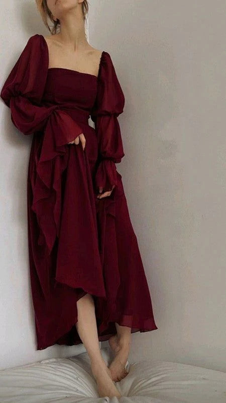 Retro Burgund Langarm A-Linie Langes Ballkleid Partykleid Abendkleid DP6485