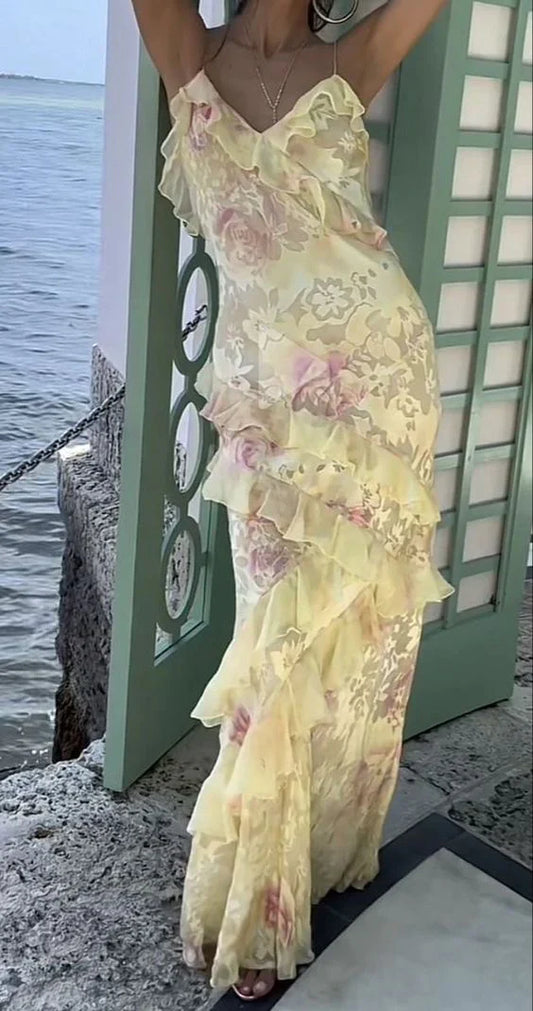 Charmantes Blumen-V-Ausschnitt-Spaghettiträger-Rüschen-Meerjungfrau-langes Ballkleid Partykleid Abendkleid DP6488