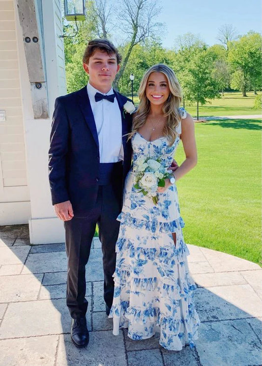 Wunderschönes blaues Etuikleid mit Blumenmuster, Schultergurten, gestuftem Partykleid, Brautjungfernkleid DP6303