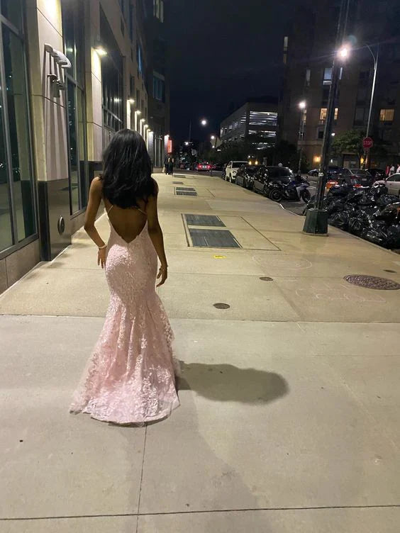 Enchanting Pink Lace Backless Mermaid Long Prom Dress Party Dress Evening Dress DP6491