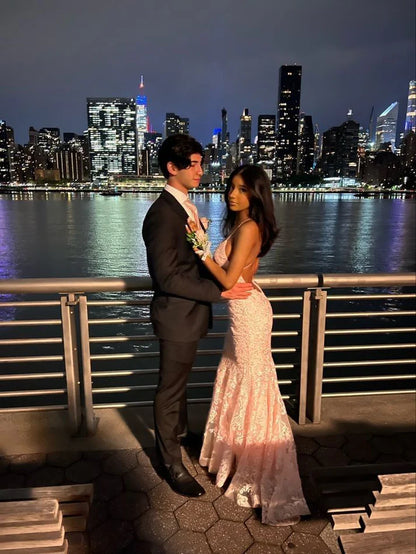 Enchanting Pink Lace Backless Mermaid Long Prom Dress Party Dress Evening Dress DP6491