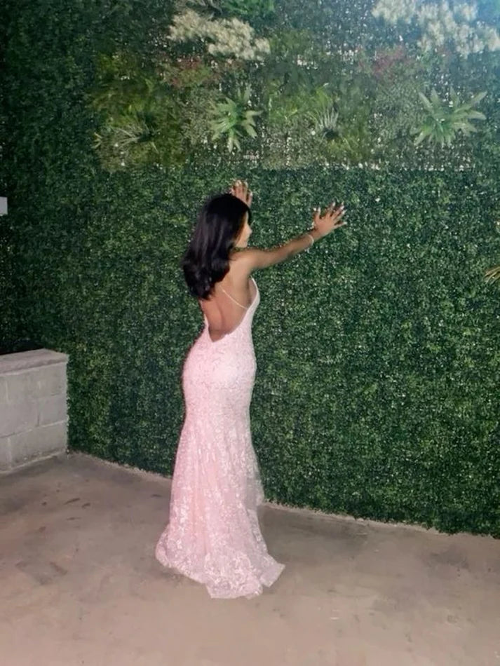 Enchanting Pink Lace Backless Mermaid Long Prom Dress Party Dress Evening Dress DP6491