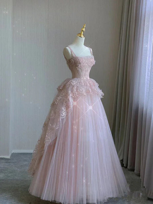Vintage Rosa Spitze Glänzende Pailletten A-Linie Tüll Ballkleid Partykleid Abendkleid DP6476