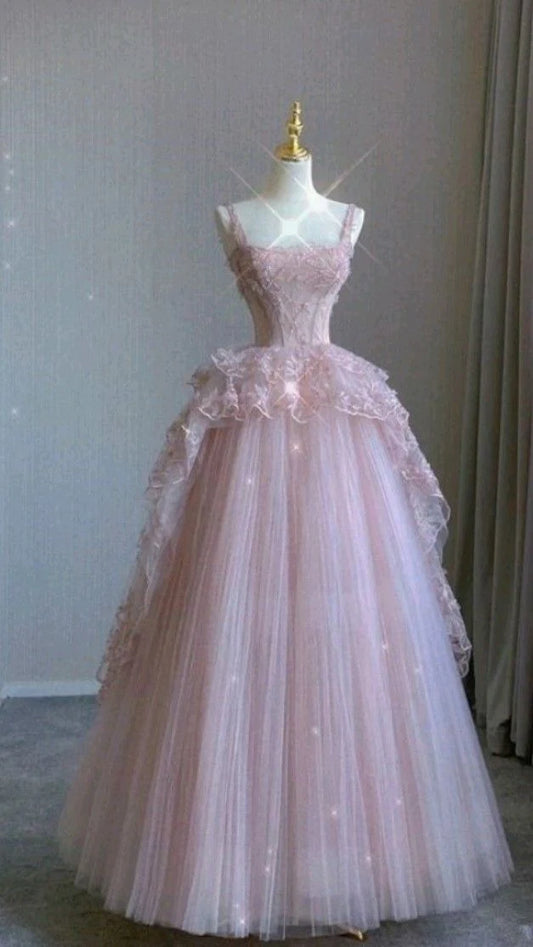Vintage Rosa Spitze Glänzende Pailletten A-Linie Tüll Ballkleid Partykleid Abendkleid DP6476