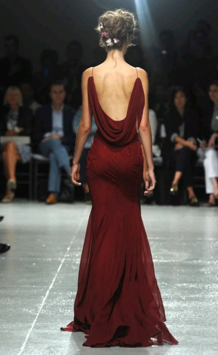 Vintage Burgundy Mermiad Applique Spaghetti Strap Long Prom Dress Evening Dress DP6307