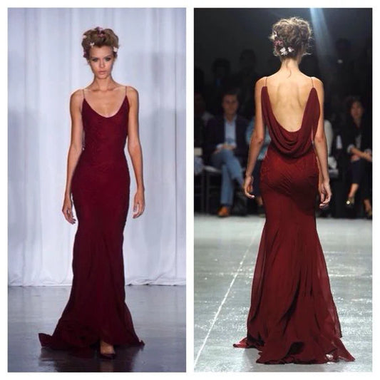 Vintage Burgundy Mermiad Applique Spaghetti Strap Long Prom Dress Evening Dress DP6307