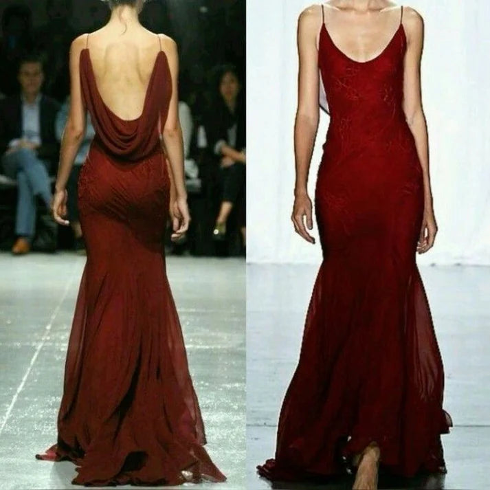 Vintage Burgundy Mermiad Applique Spaghetti Strap Long Prom Dress Evening Dress DP6307