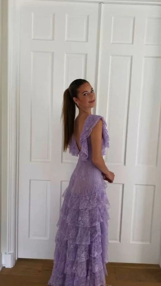 Vintage Lilac A-Line Lace Tiered Ruffled Flutter Sleeves Prom Dress Party Dress Evening Dress DP6478