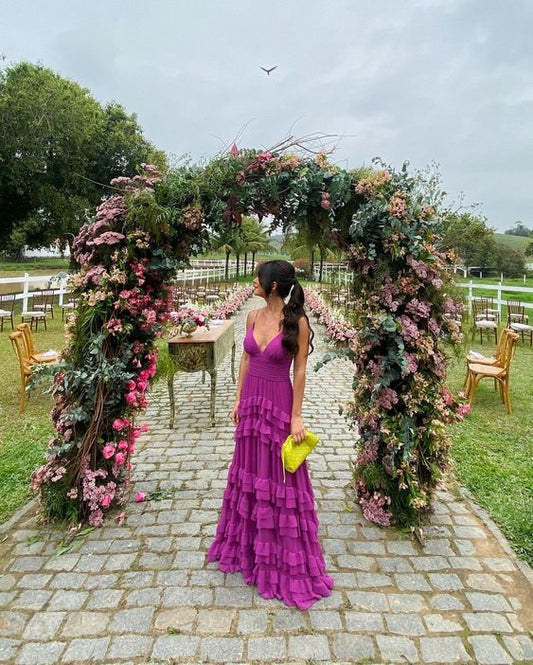 Vintage Fuchsia V-Ausschnitt Spaghettiträger A-Linie Chiffon Ballkleid Partykleid Abendkleid DP6484